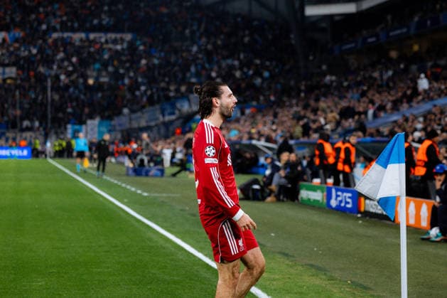 Dominik Szoboszlai of Liverpool FC celebrates after scoring his first team?s goal during the UEFA Champions League game between Olympique de Marseille and Liverpool FC at Stade Velodrome in Marseille, France. Copyright: xPaulinexFiguetx xSPPx Sportspressphoto_SPR84235