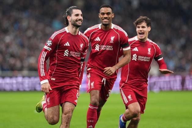 Dominik Szoboszlai of Liverpool celebrates with Ryan Gravenberch of Liverpool and Milos Kerkez of Liverpool after he puts his side 1-0 ahead with a free kick just before half-time Marseille v Liverpool, UEFA Champions League, Group Stage, Football, Orange Velodrome, Marseille, France - 21 Jan 2026Marseille Orange Vélodrome France EDITORIAL USE ONLY No use with unauthorised audio, video, data, fixture lists, club league logos or live services. Online in-match use limited to 120 images, no video emulation. No use in betting, games or single club league player publications.  Copyright: xDavexWinter Shutterstockx 16348361kt