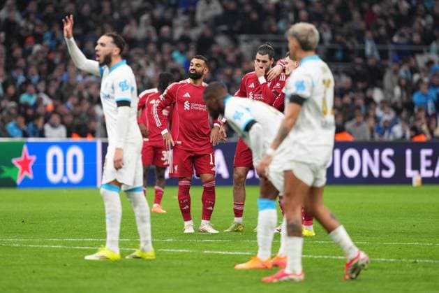 Mohamed Salah of Liverpool, Dominik Szoboszlai of Liverpool and Florian Wirtz of Liverpool discuss options at a free kick Marseille v Liverpool, UEFA Champions League, Group Stage, Football, Orange Velodrome, Marseille, France - 21 Jan 2026Marseille Orange Vélodrome France EDITORIAL USE ONLY No use with unauthorised audio, video, data, fixture lists, club league logos or live services. Online in-match use limited to 120 images, no video emulation. No use in betting, games or single club league player publications.  Copyright: xDavexWinter Shutterstockx 16348361ks