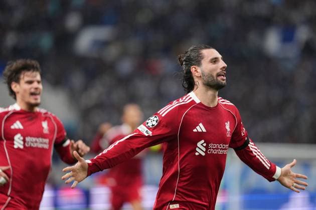 Dominik Szoboszlai of Liverpool celebrates after he puts his side 1-0 ahead with a free kick just before half-time Marseille v Liverpool, UEFA Champions League, Group Stage, Football, Orange Velodrome, Marseille, France - 21 Jan 2026Marseille Orange Vélodrome France EDITORIAL USE ONLY No use with unauthorised audio, video, data, fixture lists, club league logos or live services. Online in-match use limited to 120 images, no video emulation. No use in betting, games or single club league player publications.  Copyright: xDavexWinter Shutterstockx 16348361li