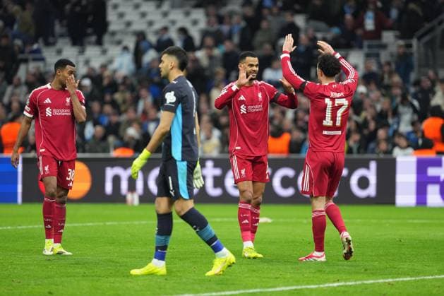 Cody Gakpo of Liverpool celebrates after he puts his side 3-0 ahead Marseille v Liverpool, UEFA Champions League, Group Stage, Football, Orange Velodrome, Marseille, France - 21 Jan 2026Marseille Orange Vélodrome France EDITORIAL USE ONLY No use with unauthorised audio, video, data, fixture lists, club league logos or live services. Online in-match use limited to 120 images, no video emulation. No use in betting, games or single club league player publications.  Copyright: xDavexWinter Shutterstockx 16348361ou