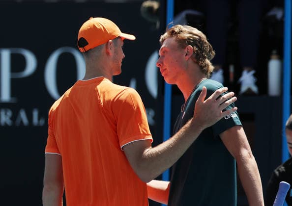 January 22, 2026, Melbourne, Victoria, Australia: ETHAN QUINN of USA and HUBERT HURKACZ of Poland after the match n the second round of Australian Open, Melbourne, Australia. E. Quinn won 6:4, 7:6 (7-5), 6:1 Melbourne Australia - ZUMAc278 20260122_zsp_c278_023 Copyright: xMarcinxCholewinskix