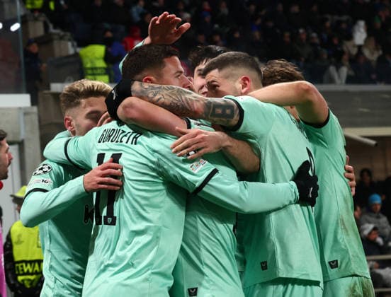 (260122) -- BERGAMO, Jan. 22, 2026 () -- Athletic Club s Gorka Guruzeta (2nd L) celebrates his goal with teammates during the UEFA Champions League match between Atalanta and Athletic Club in Bergamo, Italy, Jan. 21, 2026. () (SP)ITALY-BERGAMO-FOOTBALL-UEFA CHAMPIONS LEAGUE-ATALANTA VS ATHLETIC CLUB Xinhua 