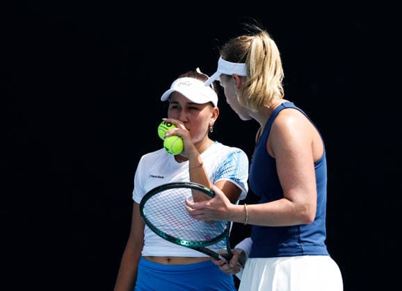 (260122) -- MELBOURNE, Jan. 22, 2026 -- Anna Blinkova (R) Kamilla Rakhimova react during the women s doubles 1st round match between Jiang Xinyu (China) Chan Hao-Ching (Chinese Taipei) and Anna Blinkova (Russia) Kamilla Rakhimova (Uzbekistan) at the Australian Open tennis tournament in Melbourne, Australia, Jan. 22, 2026. ) (SP)AUSTRALIA-MELBOURNE-TENNIS-AUSTRALIAN OPEN-WOMEN S DOUBLES-DAY 5 MaxPing 