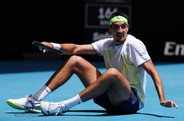 (260122) -- MELBOURNE, Jan. 22, 2026 -- Lorenzo Sonego of Italy reacts during the men s singles 2nd round match against Lorenzo Musetti of Italy at the Australian Open tennis tournament in Melbourne, Australia, Jan. 22, 2026. ) (SP)AUSTRALIA-MELBOURNE-TENNIS-AUSTRALIAN OPEN-MEN S SINGLES MaxPing 