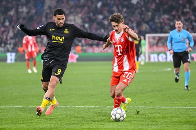 Adem Zorgane R Union Saint Gilloise and Tom Bischof FC Bayern München battle for the ball during the UEFA Champions League 2025 26 League Phase MD7 match between FC Bayern München and R Union Saint Gilloise at Football Arena Munich on January 21, 2026 in Munich, Germany Photo by Harry Langer DeFodi Images