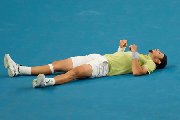 January 22, 2026: ARTHUR GEA of France falls in a match against STAN WAWRINKA of Switzerland on KIA Arena in a Men s Singles 2nd round match on day 5 of the 2026 Australian Open in Melbourne, Australia. WAWRINKA won 46 63 36 75 76. Cal Media Melbourne Australia - ZUMAc04_ 20260122_faf_c04_043 Copyright: xSydneyxLowx