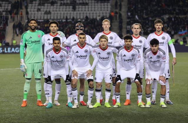 21 01 2026, Football UEFA Champions League, Qarabag Agdam FK Eintracht Frankfurt, v l , team photo before the match, players pose for a team photo before the start of, back from left goalkeeper Kaua Kaua Morais Vieira Dos Santos Eintracht Frankfurt , Pharell Nnamdi Collins Eintracht Frankfurt , Rasmus Kristensen Eintracht Frankfurt , Hugo Larsson Eintracht Frankfurt , Arthur Theate Eintracht Frankfurt , Robin Koch Eintracht Frankfurt , front from left Ansgar Knauff Eintracht Frankfurt , Ellyes Skhiri Eintracht Frankfurt , Ritsu Doan Eintracht Frankfurt , Nathaniel Brown Eintracht Frankfurt , Can Uzun Eintracht Frankfurt DFL DFB REGULATIONS PROHIBIT ANY USE OF PHOTOGRAPHS AS IMAGE SEQUENCES AND OR QUASI VIDEO xdcx Copyright: HMBxMedia Claus