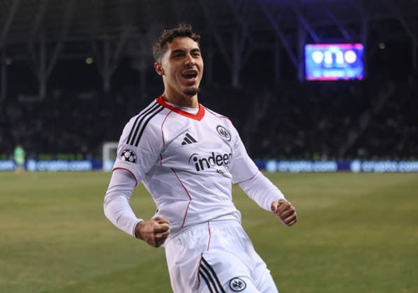 21 01 2026, Football UEFA Champions League, Qarabag Agdam FK Eintracht Frankfurt, v l , Goal celebration, celebrate the goal by Fares Chaibi Eintracht Frankfurt , Goal celebration, celebrate the goal DFL DFB REGULATIONS PROHIBIT ANY USE OF PHOTOGRAPHS AS IMAGE SEQUENCES AND OR QUASI VIDEO xdcx Copyright: HMBxMedia Claus