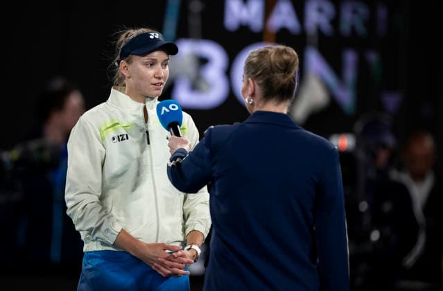 (260122) -- MELBOURNE, Jan. 22, 2026 -- Elena Rybakina (L) of Kazakhstan gets interviewed after the women s singles 2nd round match between Elena Rybakina of Kazakhstan and Varvara Gracheva of France at the Australian Open tennis tournament in Melbourne, Australia, Jan. 22, 2026. (Photo by Xinhua) (SP)AUSTRALIA-MELBOURNE-TENNIS-AUSTRALIAN OPEN-WOMEN S SINGLES HuxJingchen 