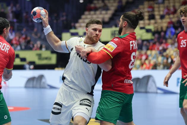 Germany Portugal, EHF Handball European Championship 2026 Johannes Golla Germany, 4 vs Luis Frade Portugal, 82 Handball EHF European Championship, International match between Germany and Portugal on January 22, 2026 in Herning Denmark , Herning Denmark Jyske Bank Boxen
