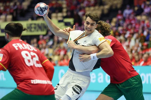 Germany Portugal, EHF Handball European Championship 2026 Julian Köster Germany, 18 is stapled by Gabriel Cavalcant Portugal,95 Handball EHF European Championship, international match between Germany and Portugal on January 22, 2026 in Herning Denmark , Herning Denmark Jyske Bank Boxing