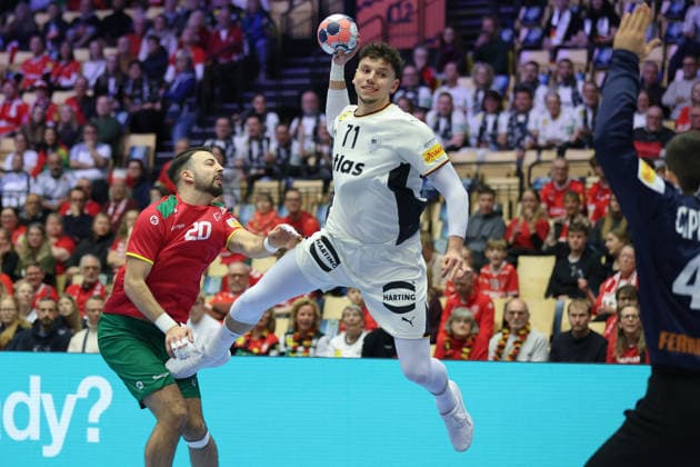 Germany Portugal, EHF European Handball Championship 2026 Marko Grgic Germany, 71 , left Miguel Neves Portugal, 20 Handball EHF European Championship, international match between Germany and Portugal on January 22, 2026 in Herning Denmark , Herning Denmark Jyske Bank Boxen