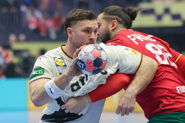 Germany Portugal, EHF Handball European Championship 2026 Johannes Golla Germany, 4 vs Luis Frade Portugal, 82 Handball EHF European Championship, International match between Germany and Portugal on January 22, 2026 in Herning Denmark , Herning Denmark Jyske Bank Boxen