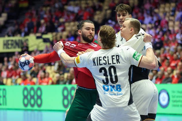 Germany Portugal, EHF Handball European Championship 2026 Luis Frade Portugal, 82 fails to Tom Kiesler Germany, 30 , Justus Fischer Germany, 54 and Julian Köster Germany, 18 Handball EHF European Championship, international match between Germany and Portugal on January 22, 2026 in Herning Denmark , Herning Denmark Jyske Bank Boxen