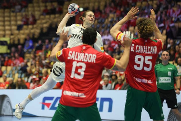 Germany Portugal, EHF Handball European Championship 2026 Juri Knorr Germany, 15 vs Salvador Salvador Portugal, 13 and Gabriel Cavalcant Portugal,95 Handball EHF European Championship, international match between Germany and Portugal on January 22, 2026 in Herning Denmark , Herning Denmark Jyske Bank Boxen