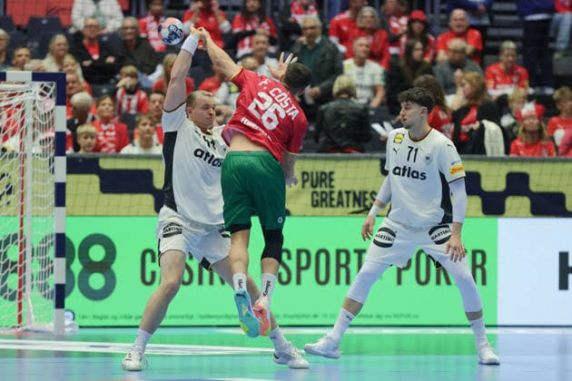 Germany Portugal, EHF Handball European Championship 2026 Francisco Costa Portugal, 26 overcomes the German defense consisting of Justus Fischer Germany, 54 and Marko Grgic Germany, 71 Handball EHF European Championship, international match between Germany and Portugal on January 22, 2026 in Herning Denmark , Herning Denmark Jyske Bank Boxen