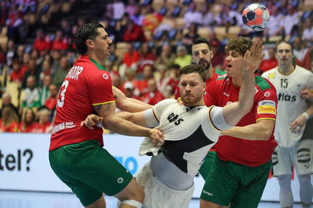 Germany Portugal, EHF Handball European Championship 2026 Johannes Golla Germany, 4 vs Salvador Salvador Portugal, 13 and Gabriel Cavalcant Portugal,95 Handball EHF European Championship, international match between Germany and Portugal on January 22, 2026 in Herning Denmark , Herning Denmark Jyske Bank Boxen