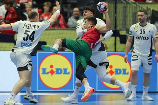 Germany Portugal, EHF Handball European Championship 2026 Francisco Costa Portugal, 26 fails to Justus Fischer Germany, 54 , Marko Grgic Germany, 71 and Lukas Mertens Germany, 36 Handball EHF European Championship, international match between Germany and Portugal on January 22, 2026 in Herning Denmark , Herning Denmark Jyske Bank Boxen