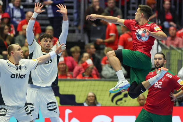 Germany Portugal, EHF Handball European Championship 2026 Justus Fischer Germany, 54 and Marko Grgic Germany, 71 defend against Francisco Costa Portugal, 26 Handball EHF European Championship, international match between Germany and Portugal on January 22, 2026 in Herning Denmark , Herning Denmark Jyske Bank Boxing