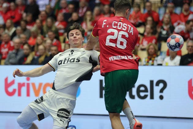 Germany Portugal, EHF European Handball Championship 2026 Nils Lichtlein Germany, 3 is stopped by Francisco Costa Portugal, 26 Handball EHF European Championship, international match between Germany and Portugal on January 22, 2026 in Herning Denmark , Herning Denmark Jyske Bank Boxing