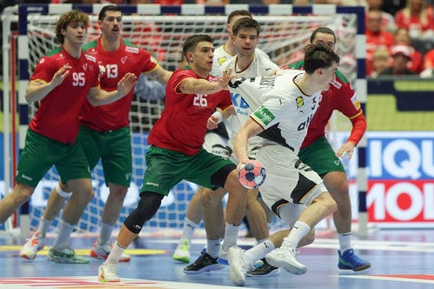 Germany Portugal, EHF Handball European Championship 2026 Miro Schluroff Germany, 5 unstoppable by Francisco Costa Portugal, 26 and his teammates Gabriel Cavalcant Portugal,95 and Salvador Salvador Portugal, 13 Handball EHF European Championship, international match between Germany and Portugal on January 22, 2026 in Herning Denmark , Herning Denmark Jyske Bank Boxen