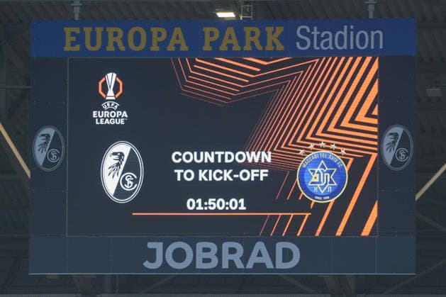 UEFA Europa League SC Freiburg vs Maccabi Tel Aviv, 11 12 2026 Scoreboard at Europa Park Stadium in Freiburg with To Kick Off Countdown UEFA Europa League SC Freiburg vs Maccabi Tel Aviv, Europa Park Stadium, 11 12 2026 Copyright: xBEAUTIFULxSPORTS Boscox