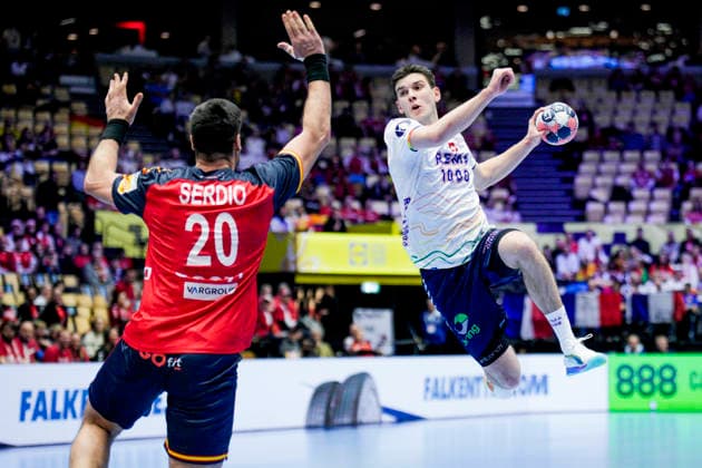 Handball European Championship 2026 Spain Norway Herning, Denmark 20260122 Spain s Abel Serdio and Norway s Patrick Anderson during the European Championship handball match between Spain and Norway at the Boxen arena in Herning Photo Stian Lysberg Solum NTB Herning Denmark EDITORIAL USE ONLY RESTRICTED USE FOR BETTING COMPANIES  Copyright: xStianxLysbergxSolumx xNTBx