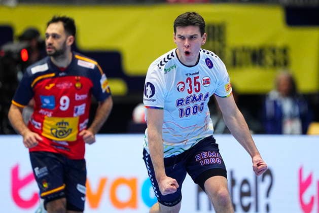 Men s Handball European Championship Spain Norway Norway s Patrick Anderson celebrates during the EHF Euro 2026 main round European Men s Handball Championship match between Spain and Norway in Herning, Thursday, January 22, 2026 Photo Bo Amstrup Scanpix 2026 , Herning Denmark  Copyright: BoxAmstrupx spdk20260122-180328-L