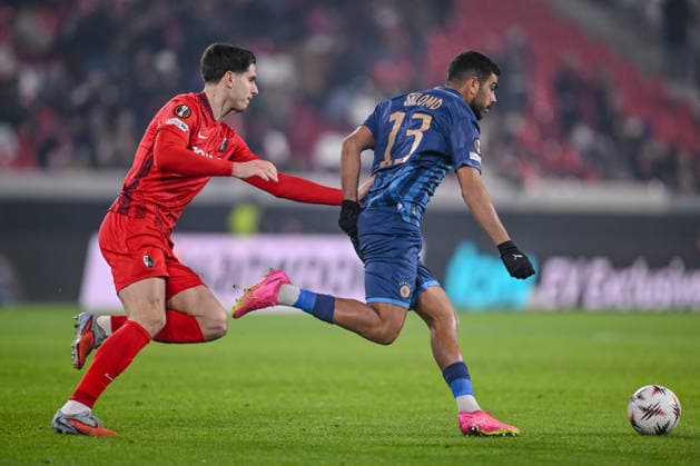 Igor MatanoviÄ‡ SC Freiburg and Raz Shlomo Maccabi Tel Aviv FC battle for the ball during the UEFA Europa League 2025 26 League Phase MD7 match between SC Freiburg and Maccabi Tel Aviv FC at Stadion am Wolfswinkel on January 22, 2026 in Freiburg im Breisgau, Germany Photo by Harry Langer DeFodi Images