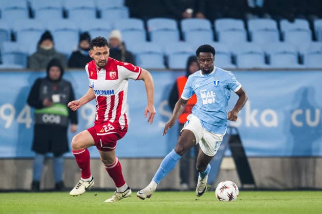 260122 Emmanuel Ekong of Malmö FF during the UEFA Europa League football match between Malmö FF and Crvena Zvezda on January 22, 2026 in Malmö fotboll football soccer fotball uefa europa league europa league malmö ff crvena zvezda bbeng röda stjärnan bbauto  Copyright: PETTERxARVIDSON BB260122PA082