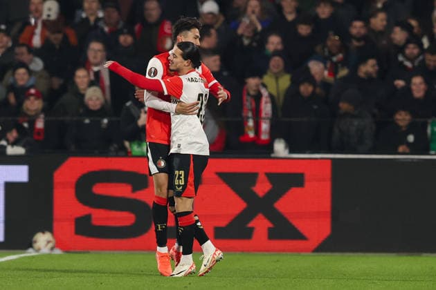 2026-01-22 Feyenoord v SK Sturm Graz - UEFA Europa League, League phase, MD7 ROTTERDAM, NETHERLANDS - JANUARY 22: Tsuyoshi Watanabe of Feyenoord, Anis Hadj Moussa of Feyenoord celebrates after scoring the first goal of the team during the UEFA Europa League, League phase, MD7 match between Feyenoord and SK Sturm Graz at Stadion Feijenoord on January 22, 2026 in Rotterdam, Netherlands. Rotterdam Stadion Feijenoord Netherlands Content not available for redistribution in The Netherlands directly or indirectly through any third parties. Copyright: xHansxvanxderxValkx