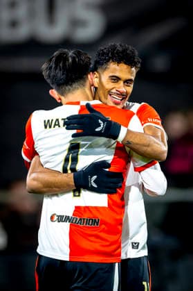 SC Feyenoord Rotterdam defender Tsuyoshi Watanabe scores the 1 0 and celebrating the goal during the match SC Feyenoord Rotterdam vs SK Sturm Graz at the for the Europa League League phase Matchday 7 season 2025 2026 in ROTTERDAM, Netherlands on 22 january 2026, photo by Marcel van Dorst EYE4images DeFodi Images