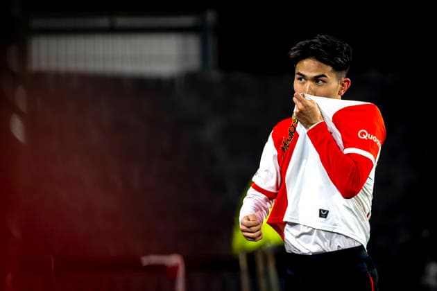 SC Feyenoord Rotterdam defender Tsuyoshi Watanabe scores the 1 0 and celebrating the goal during the match SC Feyenoord Rotterdam vs SK Sturm Graz at the for the Europa League League phase Matchday 7 season 2025 2026 in ROTTERDAM, Netherlands on 22 january 2026, photo by Marcel van Dorst EYE4images DeFodi Images