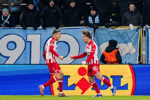 260122 Vladimir Lucic and Vasilije Kostov of Crvena Zvezda celebrate the 0-1 goal during the UEFA Europa League football match between Malmö FF and Crvena Zvezda on January 22, 2026 in Malmö Photo Petter Arvidson BILDBYRAN kod PA PA1132 fotboll football soccer fotball uefa europa league europa league malmö ff crvena jubel zvezda bbeng röda stjärnan  Copyright: PETTERxARVIDSON BB260122PA103