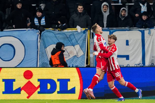 260122 Vladimir Lucic and Vasilije Kostov of Crvena Zvezda celebrate the 0-1 goal during the UEFA Europa League football match between Malmö FF and Crvena Zvezda on January 22, 2026 in Malmö Photo Petter Arvidson BILDBYRAN kod PA PA1132 fotboll football soccer fotball uefa europa league europa league malmö ff crvena jubel zvezda bbeng röda stjärnan  Copyright: PETTERxARVIDSON BB260122PA104