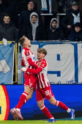 260122 Vladimir Lucic and Vasilije Kostov of Crvena Zvezda celebrate the 0-1 goal during the UEFA Europa League football match between Malmö FF and Crvena Zvezda on January 22, 2026 in Malmö Photo Petter Arvidson BILDBYRAN kod PA PA1132 fotboll football soccer fotball uefa europa league europa league malmö ff crvena jubel zvezda bbeng röda stjärnan  Copyright: PETTERxARVIDSON BB260122PA105