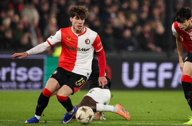 2026-01-22 Feyenoord v SK Sturm Graz - UEFA Europa League, League phase, MD7 ROTTERDAM, NETHERLANDS - JANUARY 22: Jordan Bos of Feyenoord in action during the UEFA Europa League, League phase, MD7 match between Feyenoord and SK Sturm Graz at Stadion Feijenoord on January 22, 2026 in Rotterdam, Netherlands. Rotterdam Stadion Feijenoord Netherlands Content not available for redistribution in The Netherlands directly or indirectly through any third parties. Copyright: xHansxvanxderxValkx