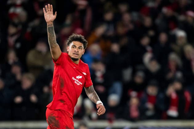260122 Noah Holm celebrates after scoring 1 1 during the UEFA Europa League football match between Brann and Midtjylland on January 22, 2026 in Bergen Photo Marius Simensen BILDBYRAN COP 238 MM0054 bbeng fotboll football soccer fotball uefa europa league brann midtjylland jubel  Copyright: MARIUSxSIMENSEN BB260122ZQ019