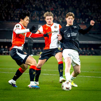 SC Feyenoord Rotterdam midfielder Sem Steijn, SK Sturm Graz midfielder Luca Weinhandl during the match SC Feyenoord Rotterdam vs SK Sturm Graz at the for the Europa League League League phase Matchday 7 season 2025 2026 in ROTTERDAM, Netherlands on 22 january 2026, photo by Marcel van Dorst EYE4images DeFodi Images