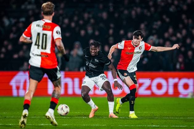 ROTTERDAM , 22-01-2026 , Stadium Feijenoord de Kuip , season 2025 2026 , UEFA Europa League football , match between Feyenoord - Sturm Graz , SK Sturm Graz player Seedy Jatta and Feyenoord player Anel Ahmedhodzic Feyenoord - Sturm Graz  x200999251x Copyright:
