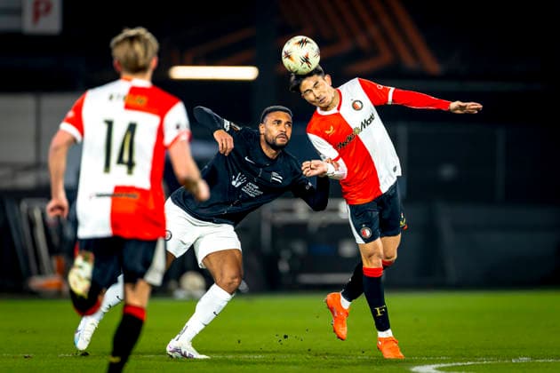 SK Sturm Graz forwarder Maurice Malone, SC Feyenoord Rotterdam defender Tsuyoshi Watanabe during the match SC Feyenoord Rotterdam vs SK Sturm Graz at the for the Europa League League League phase Matchday 7 season 2025 2026 in ROTTERDAM, Netherlands on 22 january 2026, photo by Marcel van Dorst EYE4images DeFodi Images