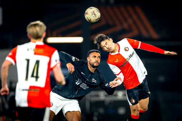 SK Sturm Graz forwarder Maurice Malone, SC Feyenoord Rotterdam defender Tsuyoshi Watanabe during the match SC Feyenoord Rotterdam vs SK Sturm Graz at the for the Europa League League League phase Matchday 7 season 2025 2026 in ROTTERDAM, Netherlands on 22 january 2026, photo by Marcel van Dorst EYE4images DeFodi Images