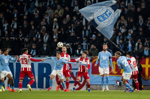 260122 Kenan Busuladzic and Pontus Jansson of Malmö FF against Rade Krunic and Vasilije Kostov of Crvena Zvezda during the UEFA Europa League football match between Malmö FF and Crvena Zvezda on January 22, 2026 in Malmö Photo Petter Arvidson BILDBYRAN kod PA PA1132 fotboll football soccer fotball uefa europa league europa league malmö ff crvena zvezda bbeng röda stjärnan  Copyright: PETTERxARVIDSON BB260122PA109