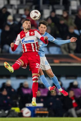 260122 Rade Krunic of Crvena Zvezda and Kenan Busuladzic of Malmö FF during the UEFA Europa League football match between Malmö FF and Crvena Zvezda on January 22, 2026 in Malmö Photo Petter Arvidson BILDBYRAN kod PA PA1132 fotboll football soccer fotball uefa europa league europa league malmö ff crvena zvezda bbeng röda stjärnan  Copyright: PETTERxARVIDSON BB260122PA123