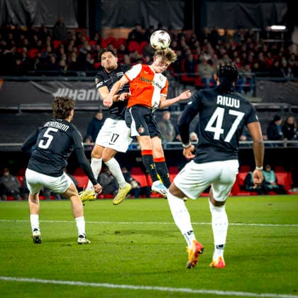 SC Feyenoord Rotterdam midfielder Sem Steijn, SK Sturm Graz midfielder Emir Karic during the match SC Feyenoord Rotterdam vs SK Sturm Graz at the for the Europa League League phase Matchday 7 season 2025 2026 in ROTTERDAM, Netherlands on 22 january 2026, photo by Marcel van Dorst EYE4images DeFodi Images