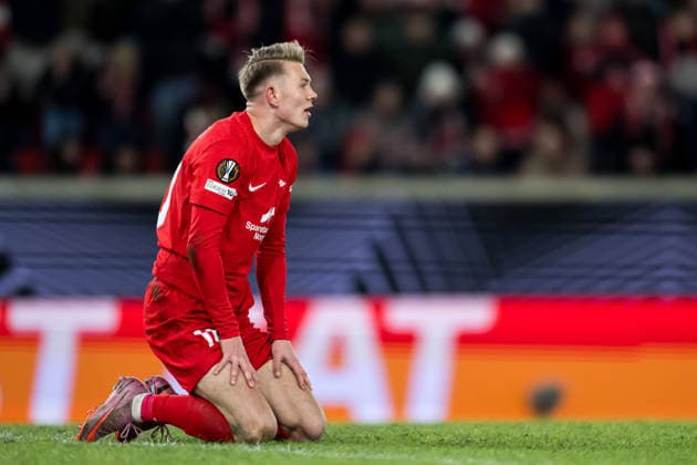 260122 Emil Kornvig of Brann during the UEFA Europa League football match between Brann and Midtjylland on January 22, 2026 in Bergen Photo Marius Simensen BILDBYRAN COP 238 MM0054 bbeng fotboll football soccer fotball uefa europa league brann midtjylland  Copyright: MARIUSxSIMENSEN BB260122ZU018