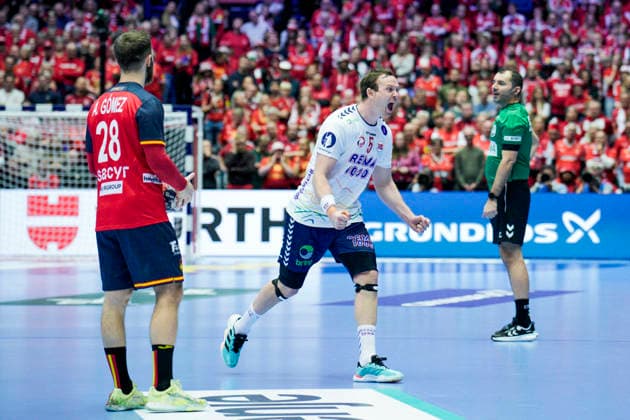 Handball European Championship 2026 Spain Norway Herning, Denmark 20260122 Norway s Sander Sagosen celebrates after the European Championship handball match between Spain and Norway at the Boxen arena in Herning Photo Stian Lysberg Solum NTB Herning Denmark EDITORIAL USE ONLY RESTRICTED USE FOR BETTING COMPANIES  Copyright: xStianxLysbergxSolumx xNTBx
