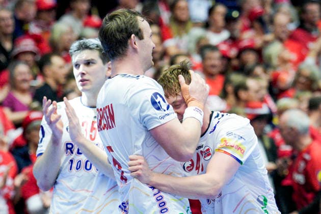 Handball European Championship 2026 Spain Norway Herning, Denmark 20260122 Norway s Sander Sagosen and August Pedersen celebrate after the European Championship handball match between Spain and Norway at the Boxen arena in Herning Photo Stian Lysberg Solum NTB Herning Denmark EDITORIAL USE ONLY RESTRICTED USE FOR BETTING COMPANIES  Copyright: xStianxLysbergxSolumx xNTBx