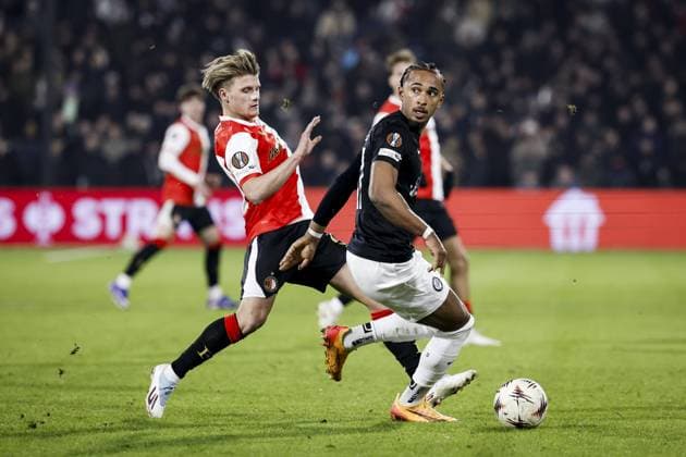 ROTTERDAM (l-r) Sem Steijn of Feyenoord and Emanuel Aiwu of Sturm Graz during the UEFA Europa League match between Feyenoord and SK Sturm Graz at Feyenoord Stadion de Kuip on January 22, 2026, in Rotterdam, Netherlands. BAS CZERWINSKI ANP UEFA Europa League 2025 26 League Phase MD7 2025-2026 xVIxANPxSportx xxANPxIVx 548258990 originalFilename: 548258990.jpg
